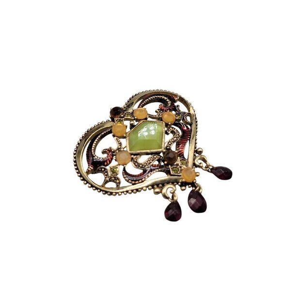 Gold Plated Enamel Heart Center Green Chalcedony Dangle Glass Rhinestone Accents - Picture 6 of 9
